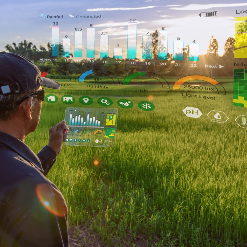 Farmer reviewing rainfall, soil pH, humidity and light data on a digital overlay in a green field