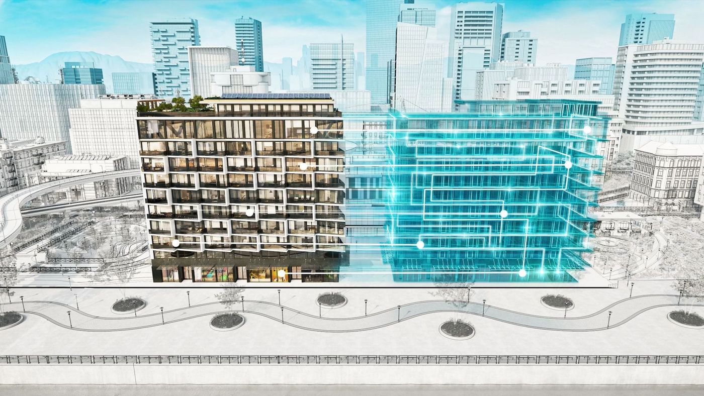 Digital twin rendering of a city block