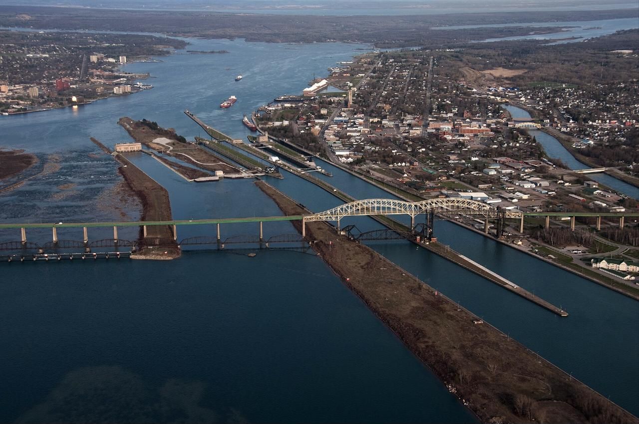 Aerial view of the Soo Locks shipping channels